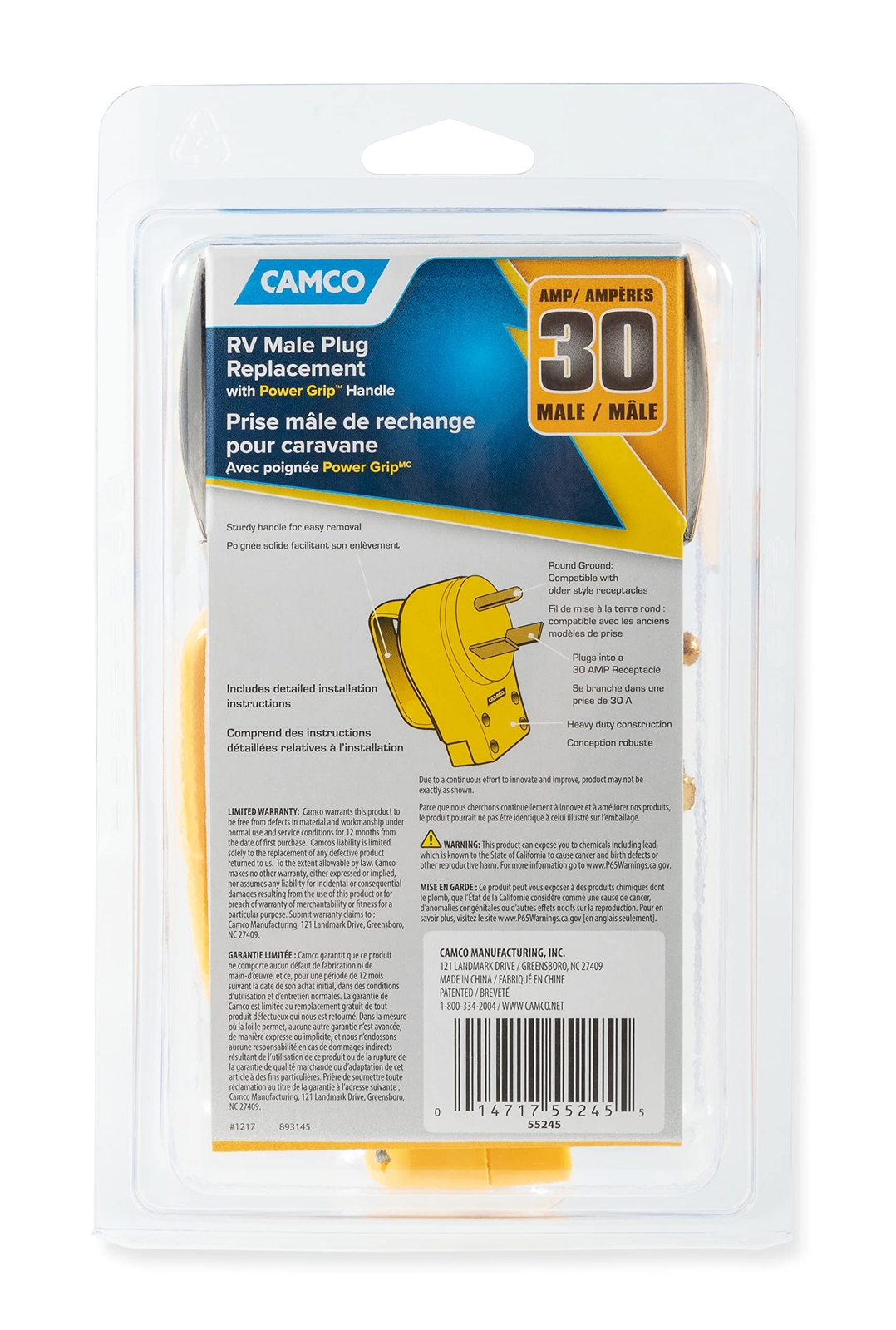 Camco 30 Amp RV Male Replacement Plug with Power Grip Handle ETL Listed