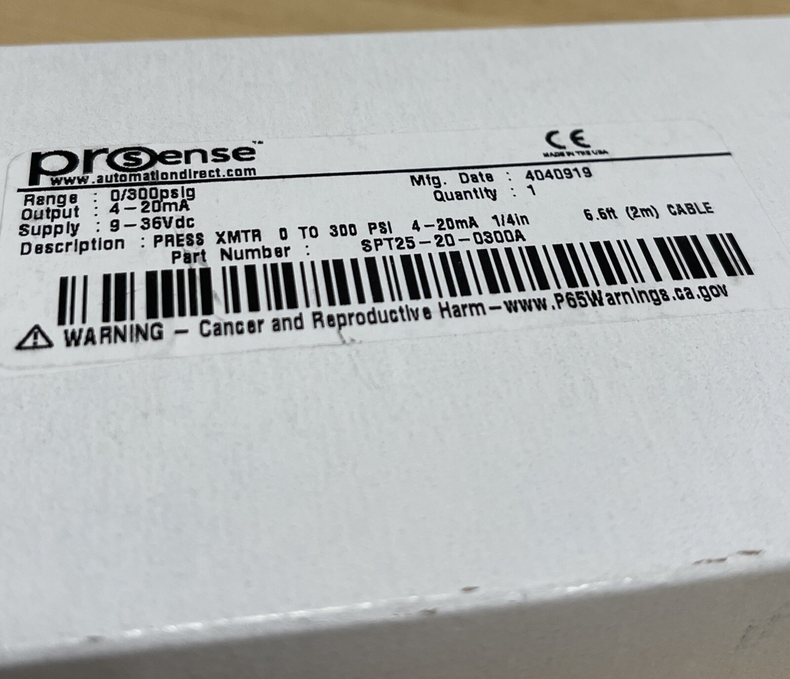 New Prosense SPT25-20-0300A Press XMTR 0 To 300 PSI 4-20mA 6.6ft