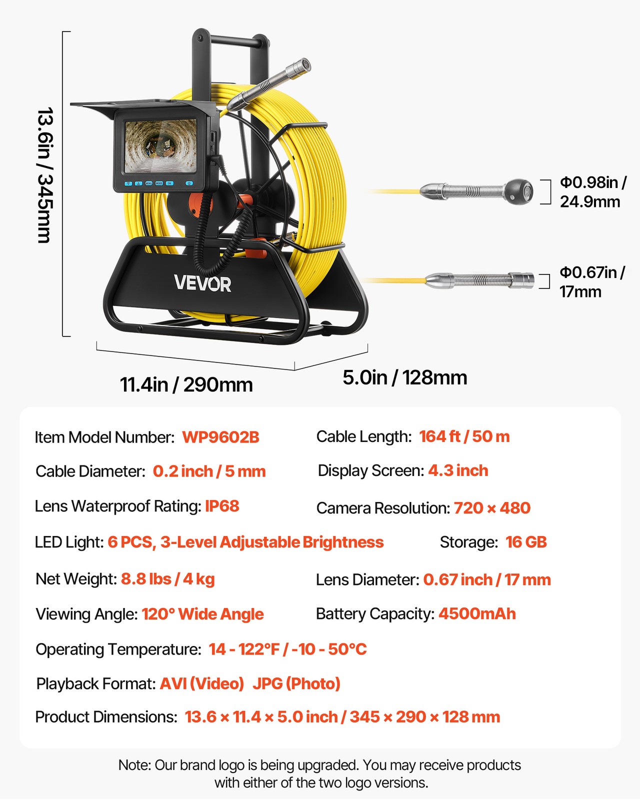 VEVOR Sewer Camera 164ft 4.3-inch Drain Inspection Camera IP68 Waterproof 6 LEDS