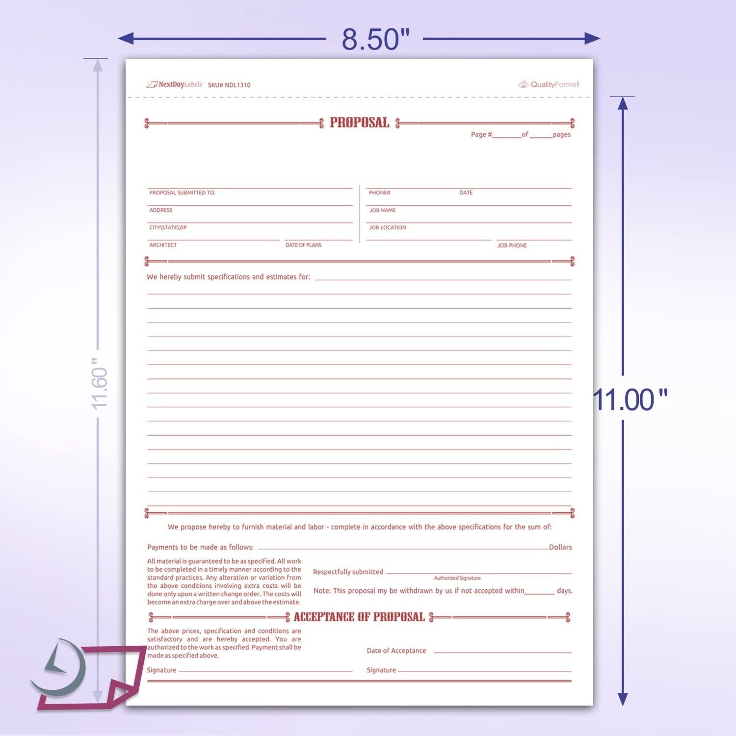 Letter Size General Proposal Forms, 3-Part NCR, White/Canary/Pink – 50 Sets