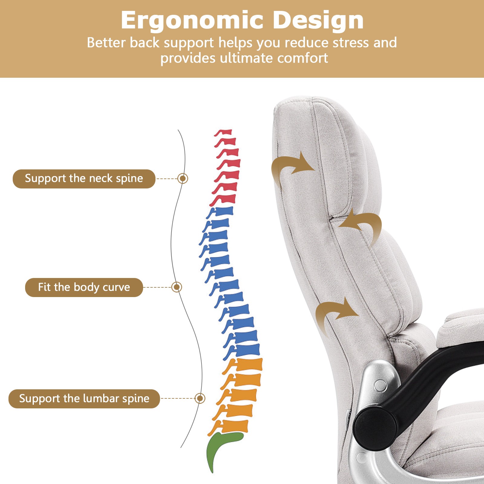 Costway High Back Big & Tall Office Chair Adjustable Swivel w/Flip-up Arm Beige