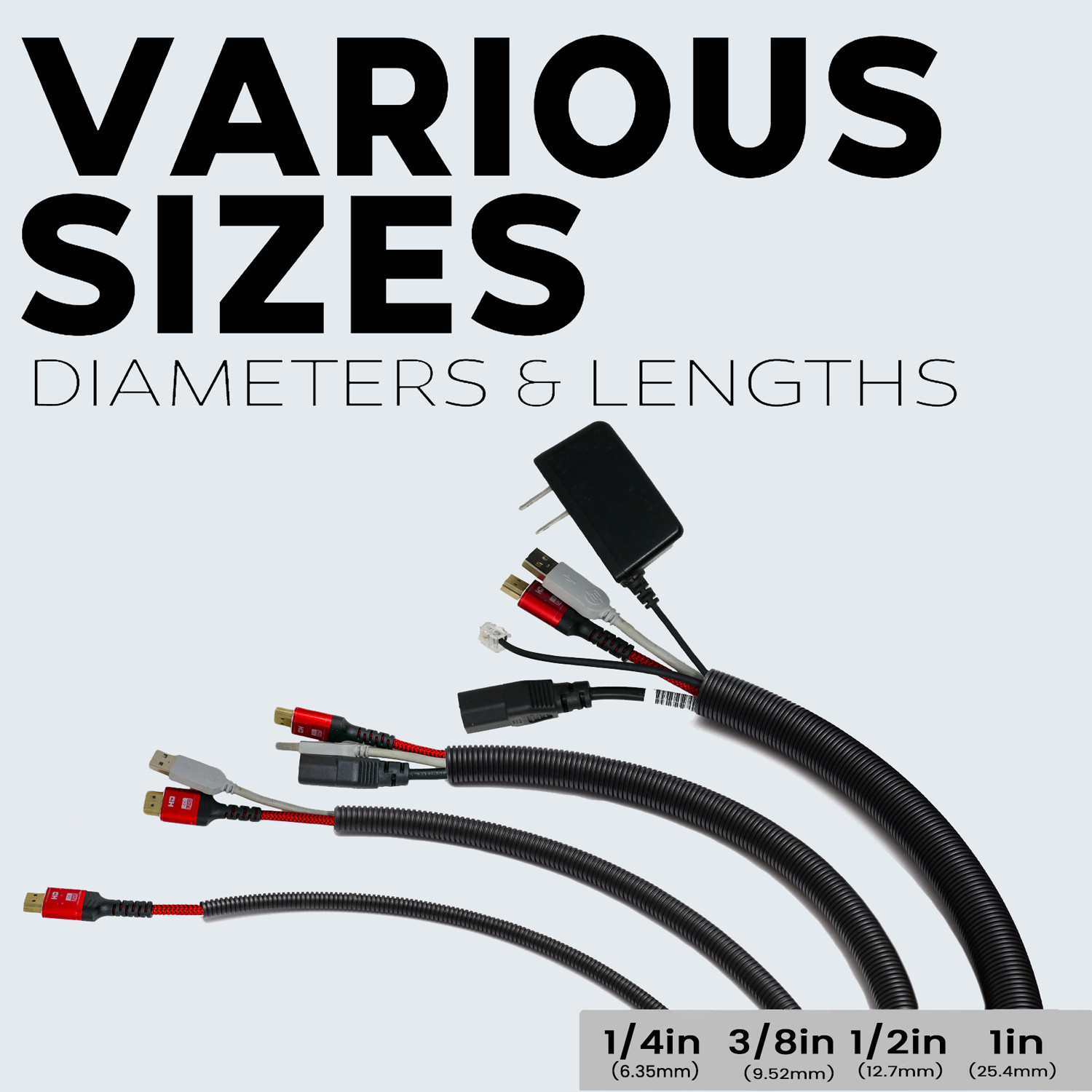 1/4″ 1/2″ 3/4″ 20 Ft Split Loom Black Wire Harness W/ 7″ Nylon Cable Ties