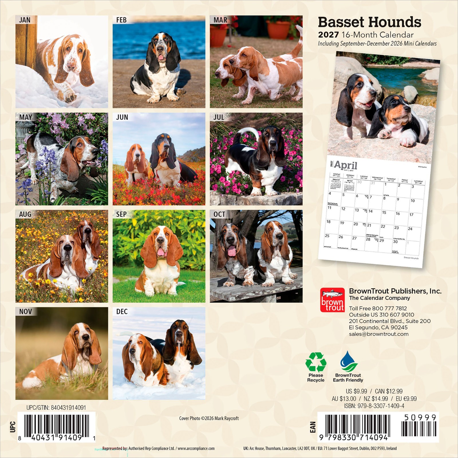Basset Hounds | 2027 7×14″ (Hanging) Monthly Mini Wall Calendar