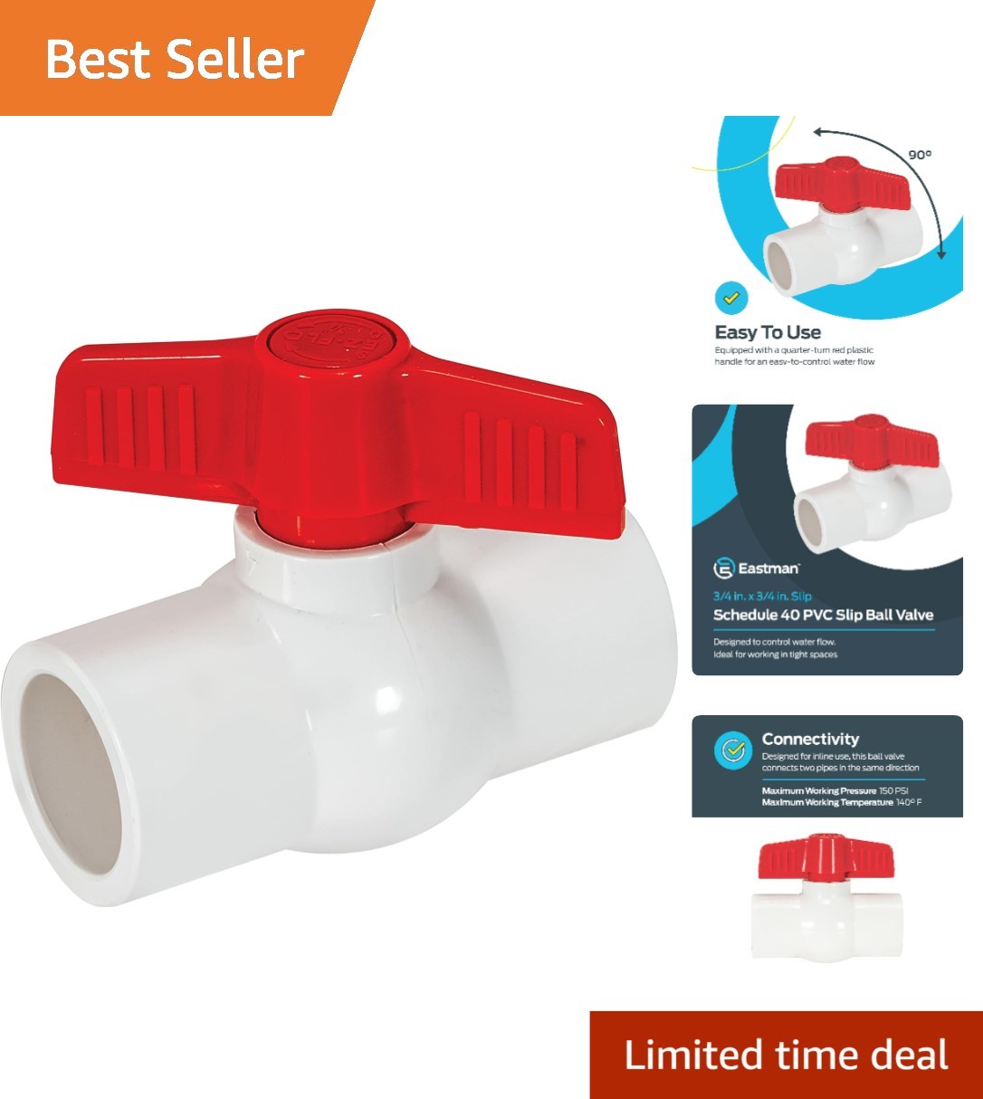 Compact 3/4″ PVC Ball Valve with Slip Connections – 150 PSI Maximum Performance