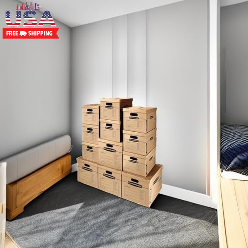 Classic Moving Box 12 Pack Kit, Reinforced Handles, Tape-Free Assembly, Box with