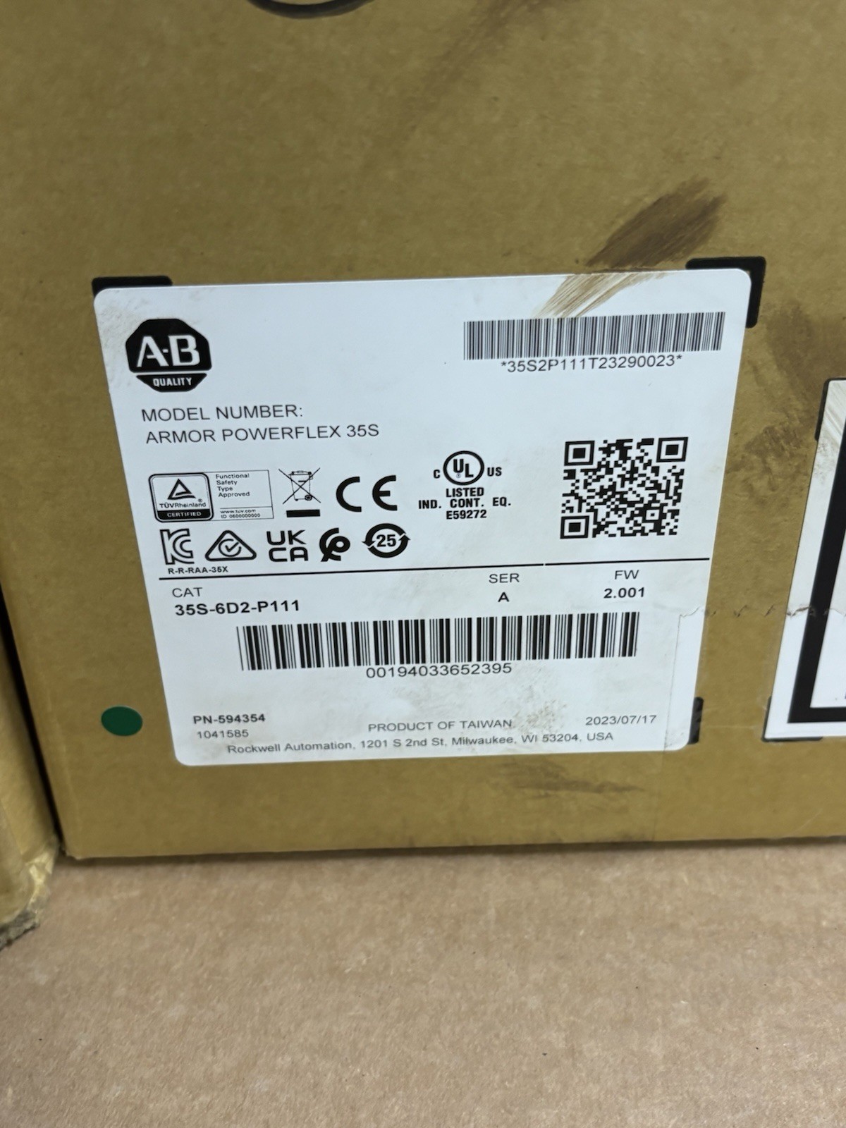 New 2HP ALLEN BRADLEY 35S-6D2-P111 ARMOR POWERFLEX 35S SAFETY DRIVE