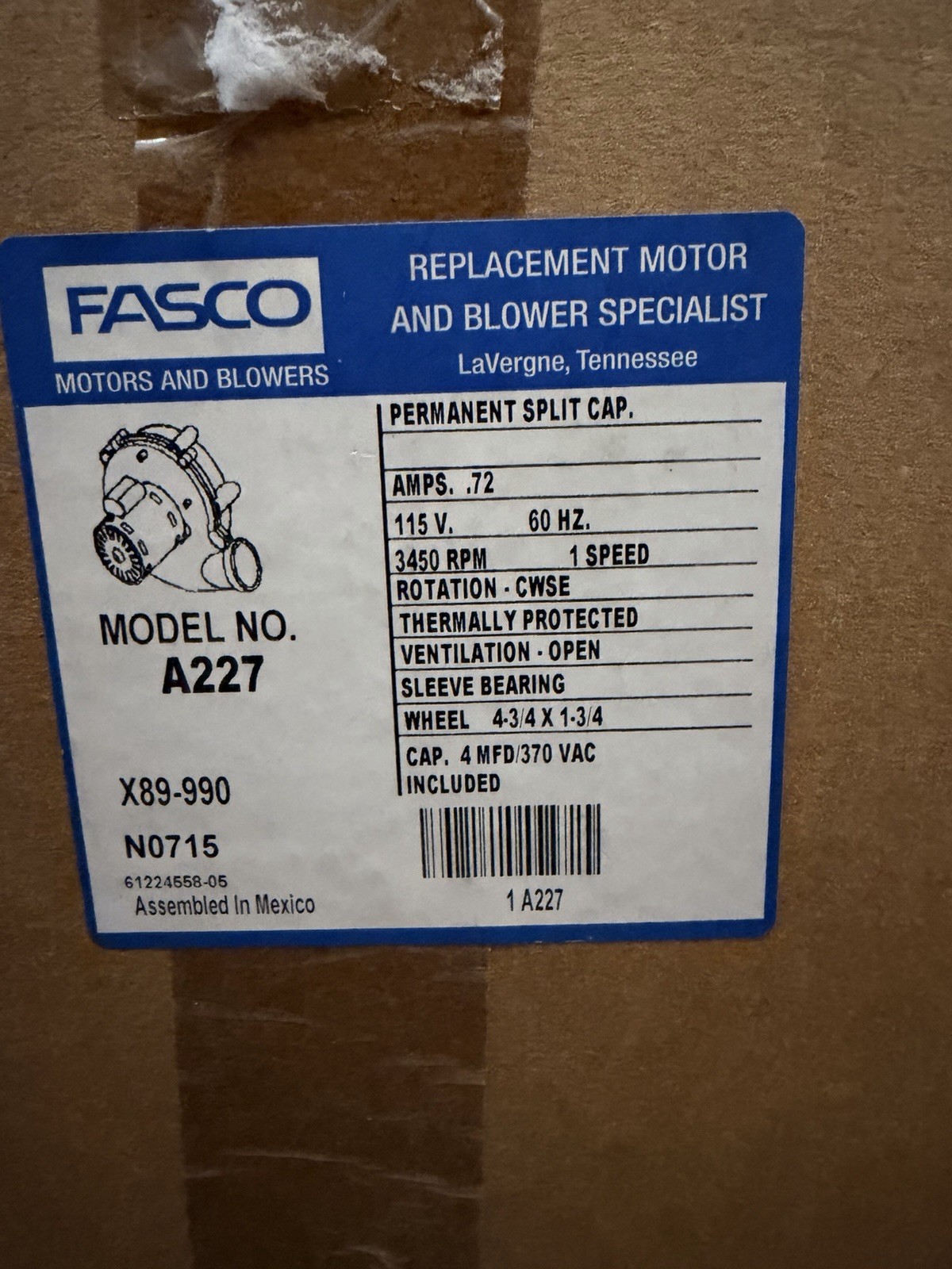 FASCO A227 YORK (024-27641-000) FURNACE DRAFT INDUCER BLOWER 115V