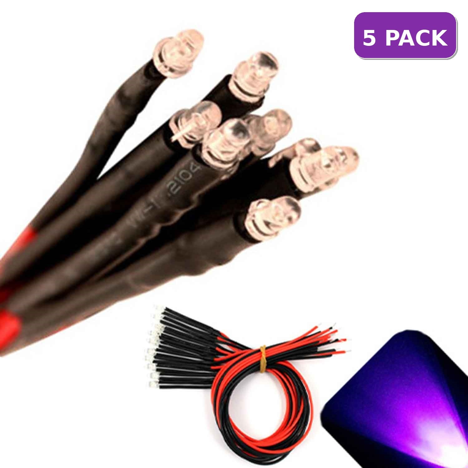5 x Pre wired 12v 3mm UV Purple LEDs Prewired 12 volt LED 10v 11v 13v 14v 15v