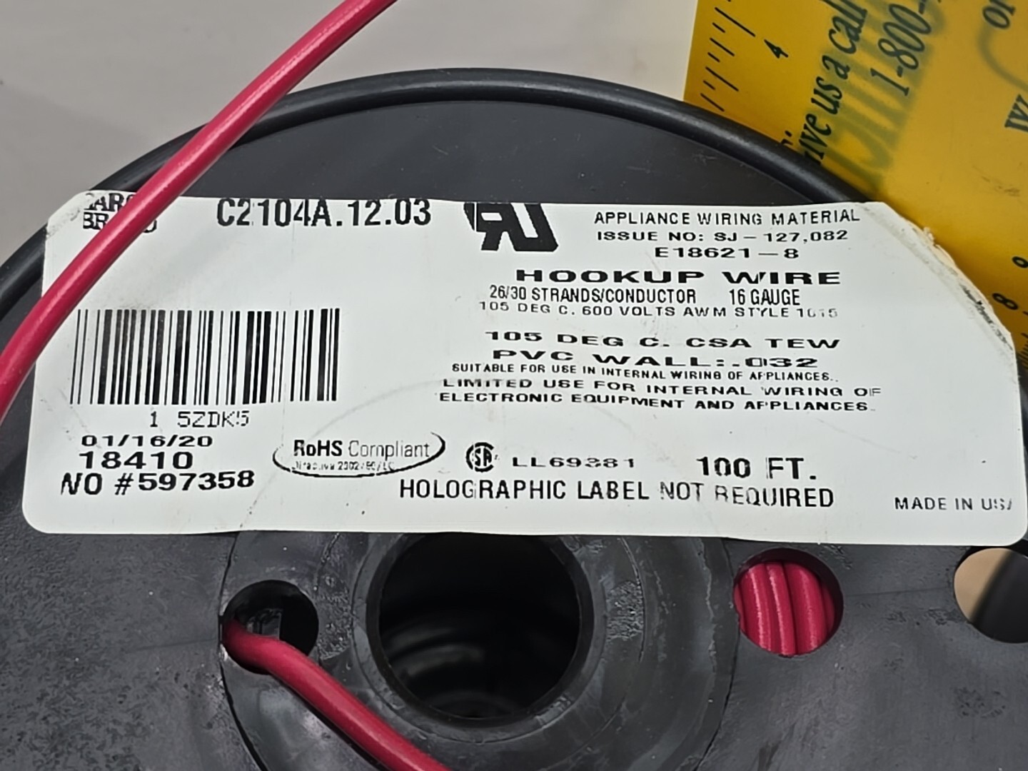 Carol 18410 16awg Stranded Copper PVC HookUp Wire AWM Red 100ft Appliance 600V