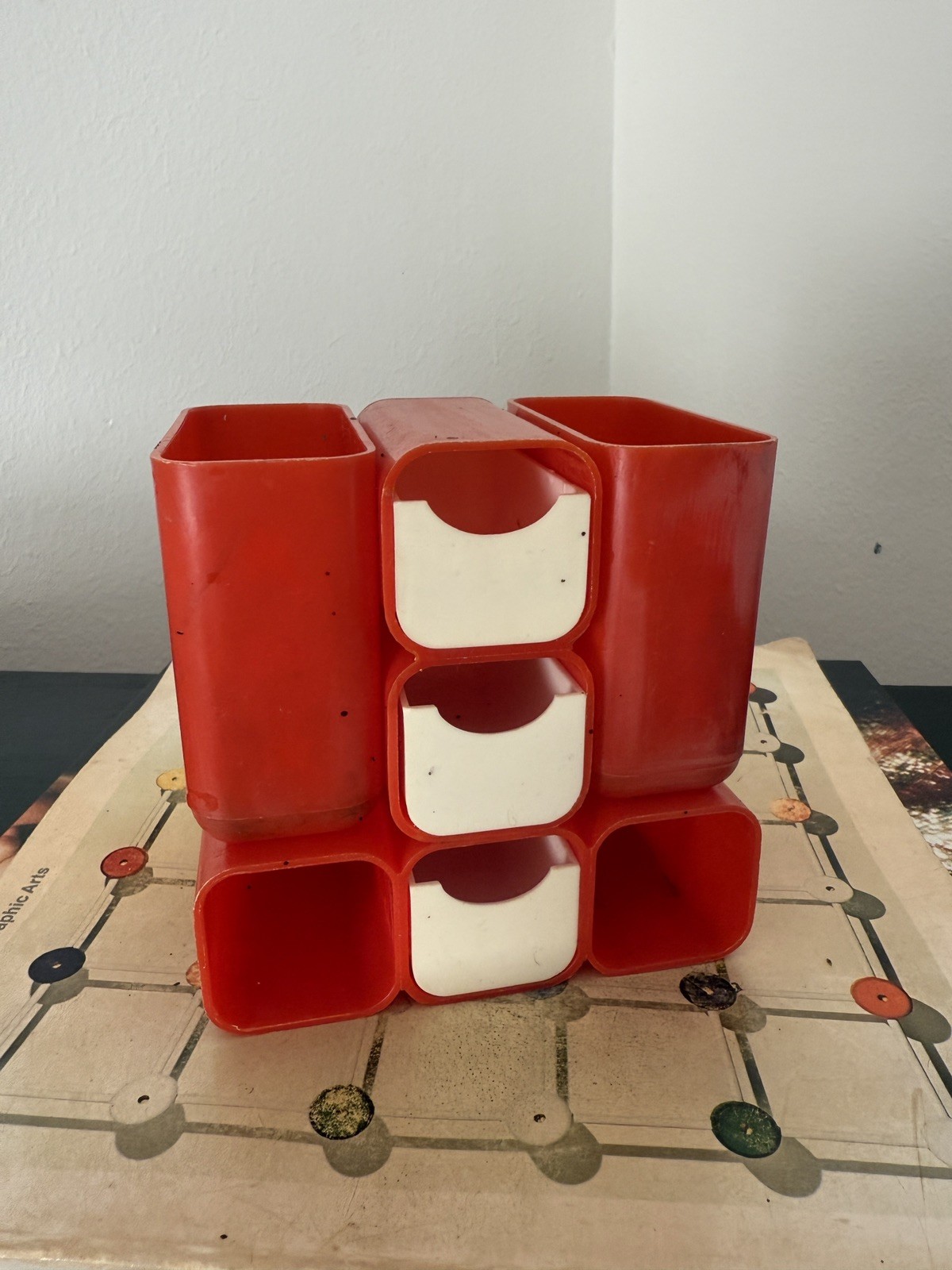 1970s Atomic HOF Red Drawer Desk Organizer, Made in Hong Kong, Set of 2, AS IS