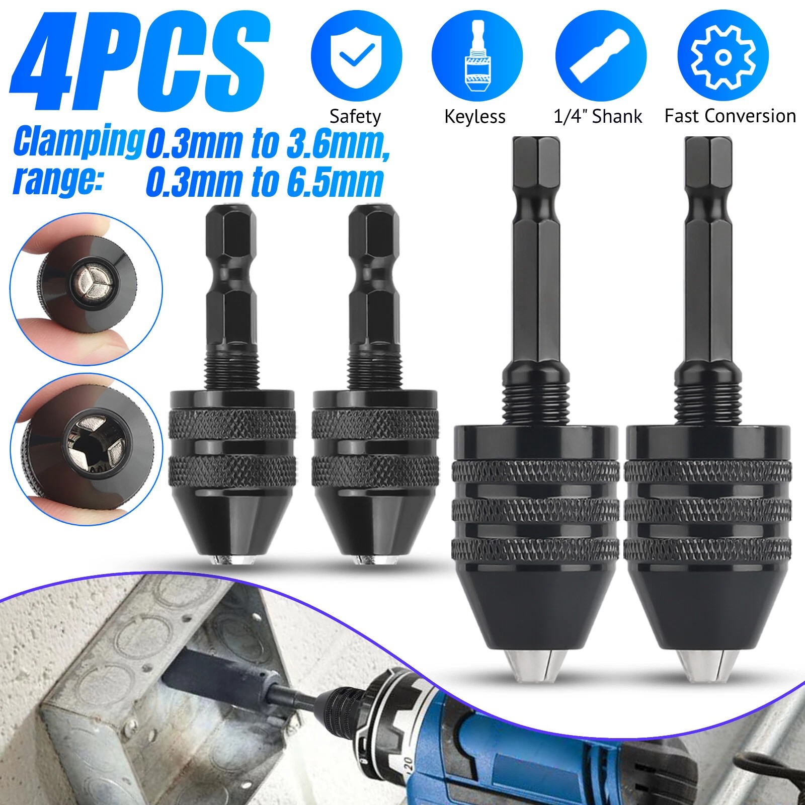 4x 1/4″Hex Shank Keyless Chuck Adapter Drill Bit Quick Change Driver Converter