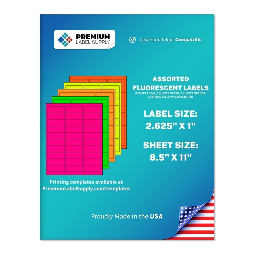 750 Assorted Fluorescent Color 2.625″ x 1″ Neon Address Labels 30 per sheet