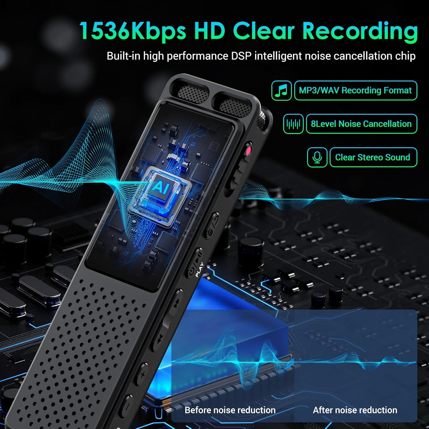 Voice Activated Recorder with Playback (100Hrs Recording Time), 1536Kbps HD Dig