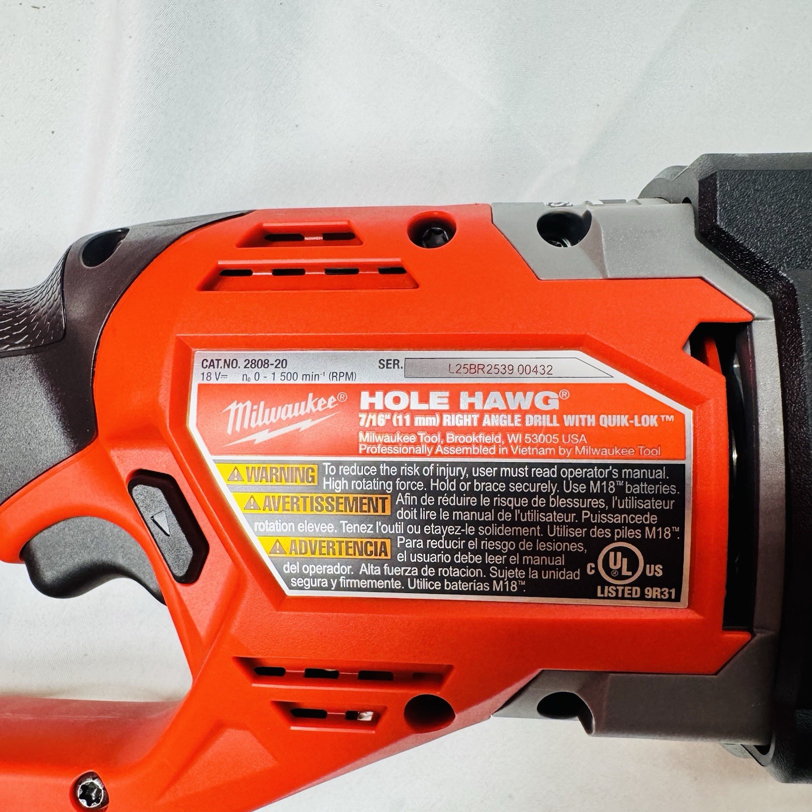 Milwaukee 2808-20 M18 FUEL Hole Hawg 7/16” Right Angle Drill with Quick-Lok