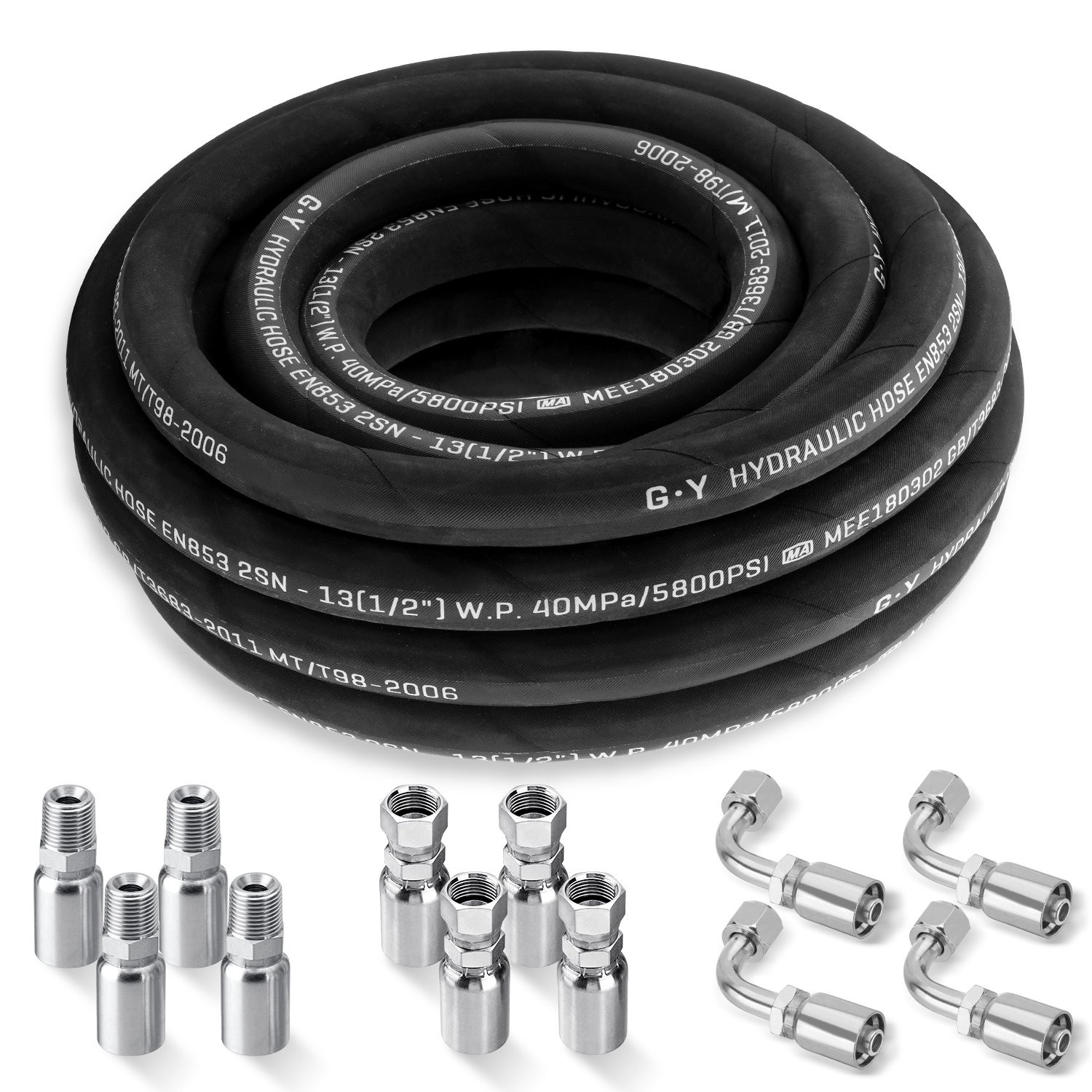 1/2″ 25′ HYDRAULIC HOSE TWO WIRE HOSE FLEXIBLE 40MPa / 5800 PSI WITH 12 FITTINGS