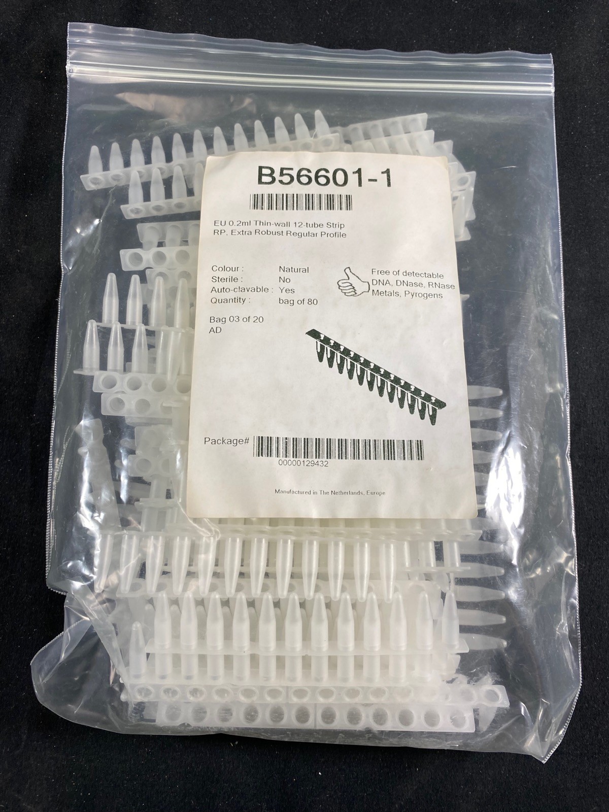 BIOPLASTICS EU 0.2mL PCR 12-Tube Strip RP LF Thin-Wall Robust B56601-1 80/cs