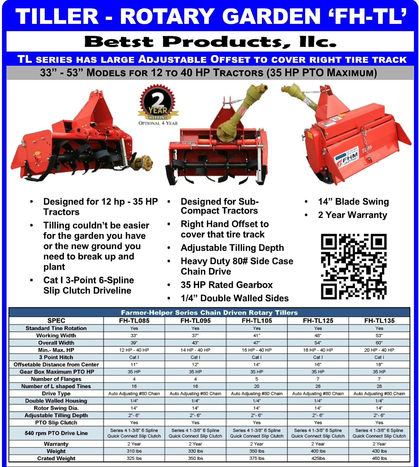 33″ Tiller Cat.I 3pt 14+hp (FH-TL85) ~Adjustable Offset& SlipClutch Driveline