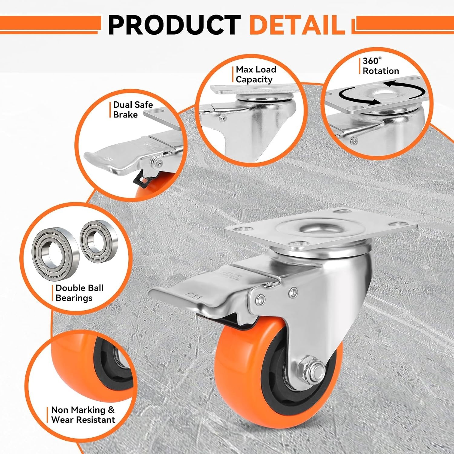 WBD WEIBIDA 3 Inch Swivel Caster Wheels With Brake Set Of 4 1000 Lb