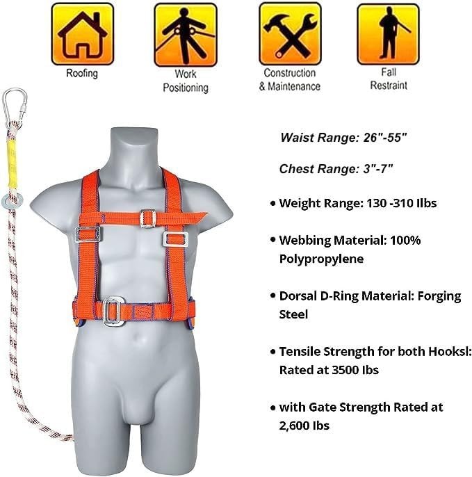 Safety Harness Fall Protection – Half-Body Roofing Harness kit with 6 ft Lany…