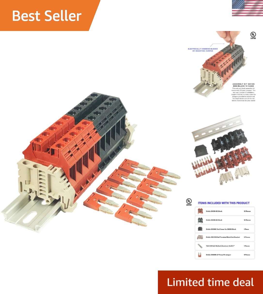 Assembly Kit Red/Black 10 Gang with Jumpers DIN Rail Terminal Blocks, 6-20 AW…