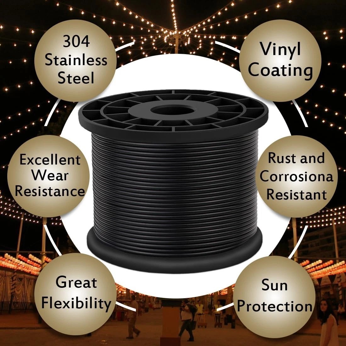 Heavy Duty 1000ft 3/32″ Black Vinyl Coated Steel Wire Rope 480lb Strength