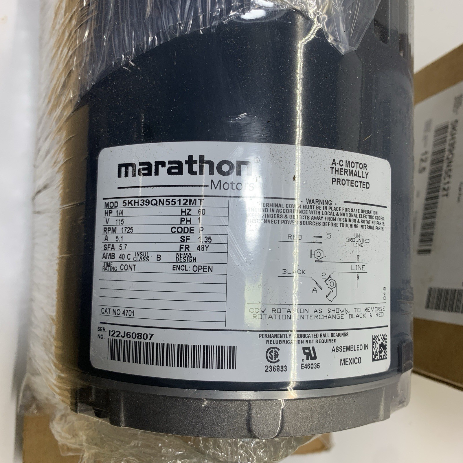 Marathon M4701 48Y Frame 5KH39QN5512T Open Drip Proof Belt Drive Motor 1/4 hp 17