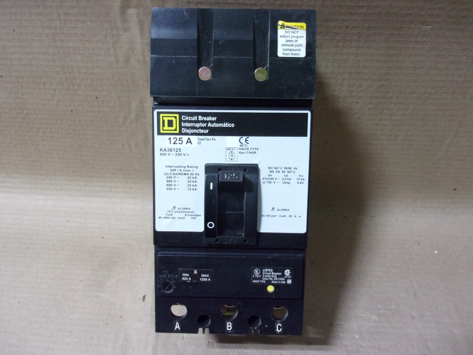 NEW Square D KA36125 3 Pole 125 Amp 600V Circuit Breaker NTO