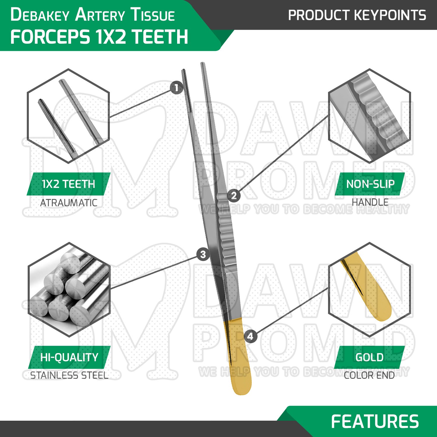 6 Pcs Debakey Artery Tissue Forceps 1×2 Teeth 6,7,8,9,10,12″ Gold Handle Set