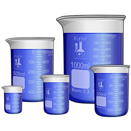 Glass Beaker Set 5 Sizes (50, 100, 250ml, 500ml & 1000ml) Double Metric Scale