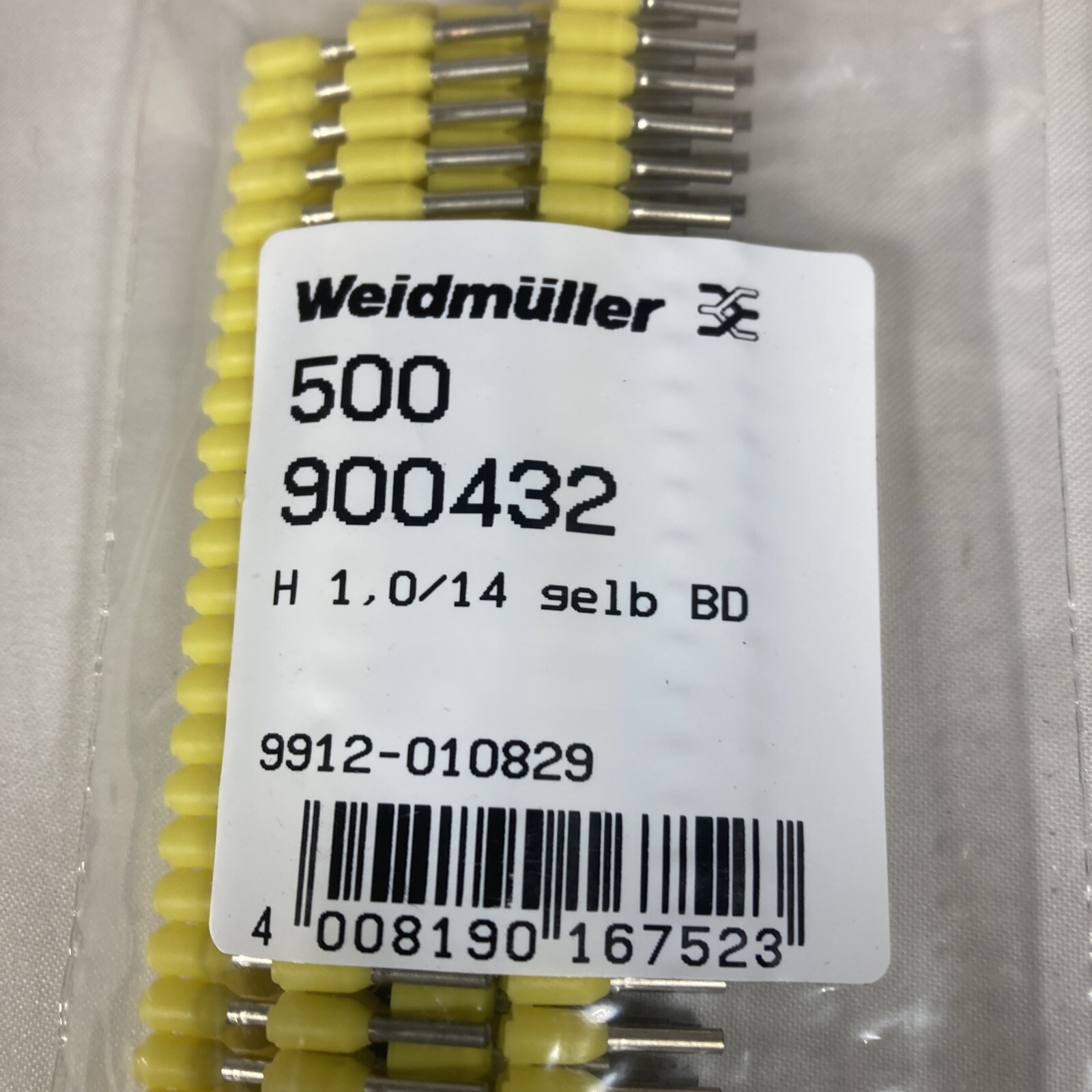 Lot 500pcs Weidmuller Wire Ferrules 17AWG H1,0/14 gelb BD, 8mm, Yellow – New