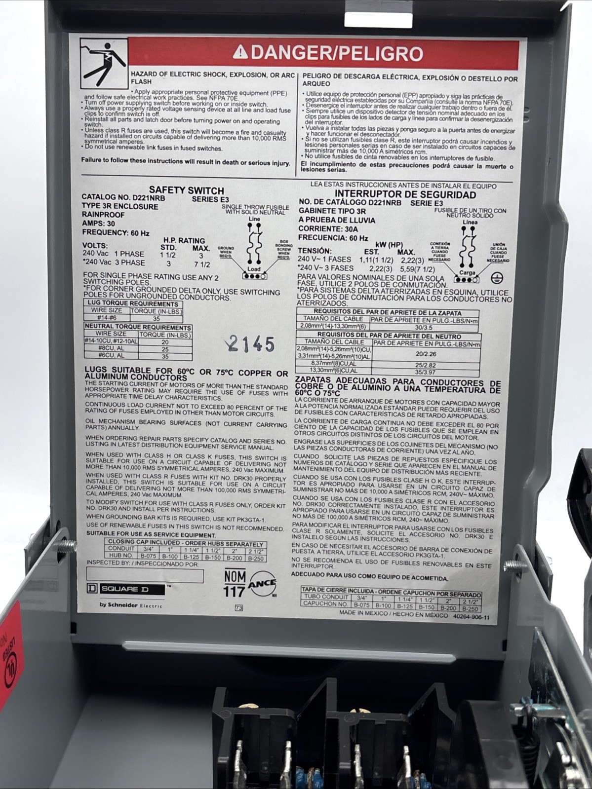 SQUARE D SAFETY Disconnect – SWITCH D221NRB SERIES E3 3R ENCLOSURE 30 AMP 240VAC
