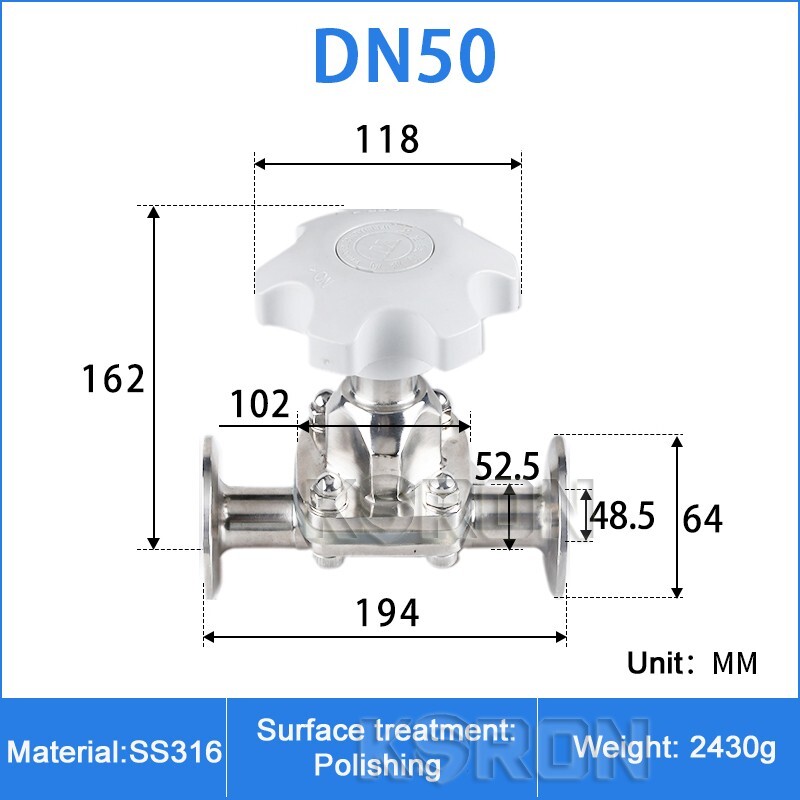 DN50MM 2” Sanitary Tri-Clamp Diaphragm Valve Manual SS316 Quick-load Valve