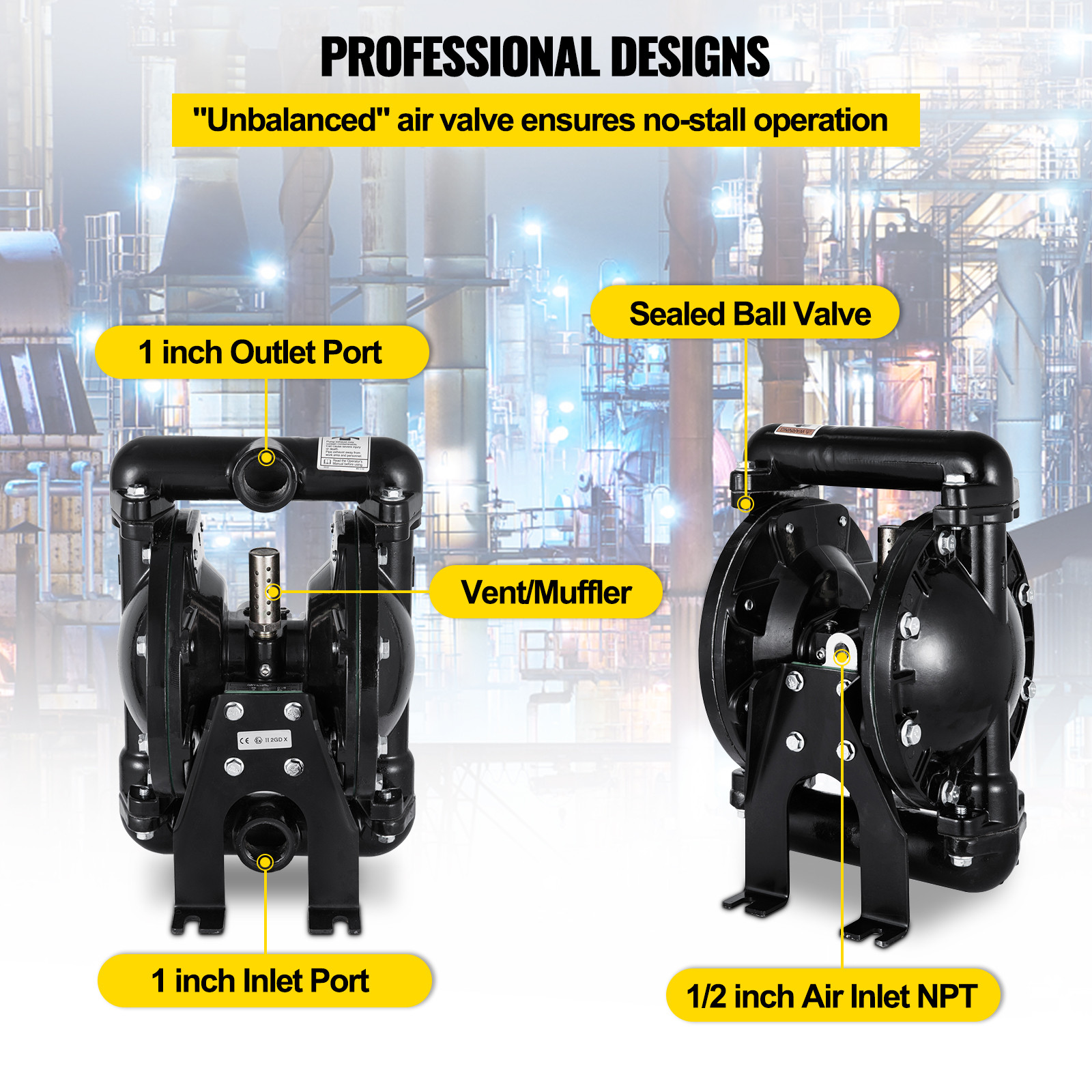 VEVOR Air-Operated Double Diaphragm Pump 1″ Inlet Outlet Petroleum Fluids 35GPM