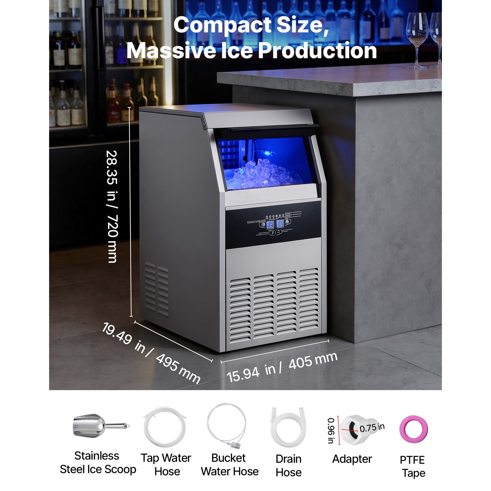 Uimoso 150lbs/24h Commercial Ice Maker Built-in Ice Cube Machine 30lbs Storage