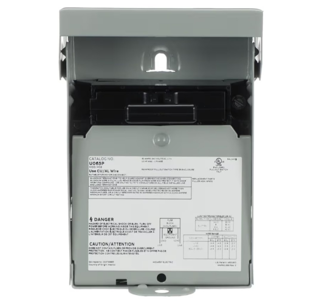 Midwest U065PP 60A 240V 1 Phase NEMA 3R Non-Fuse AC Disconnect (Incomplete Box)