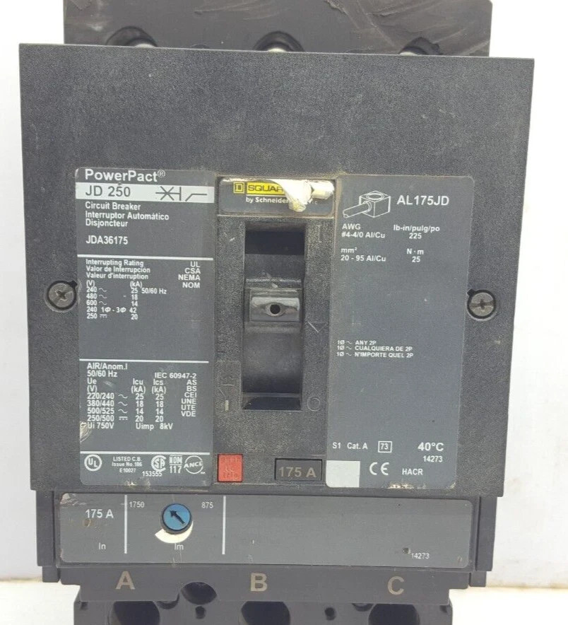 SQUARE D 3 POLE 175 AMPS JDA36175 CIRCUIT BREAEKR JDA