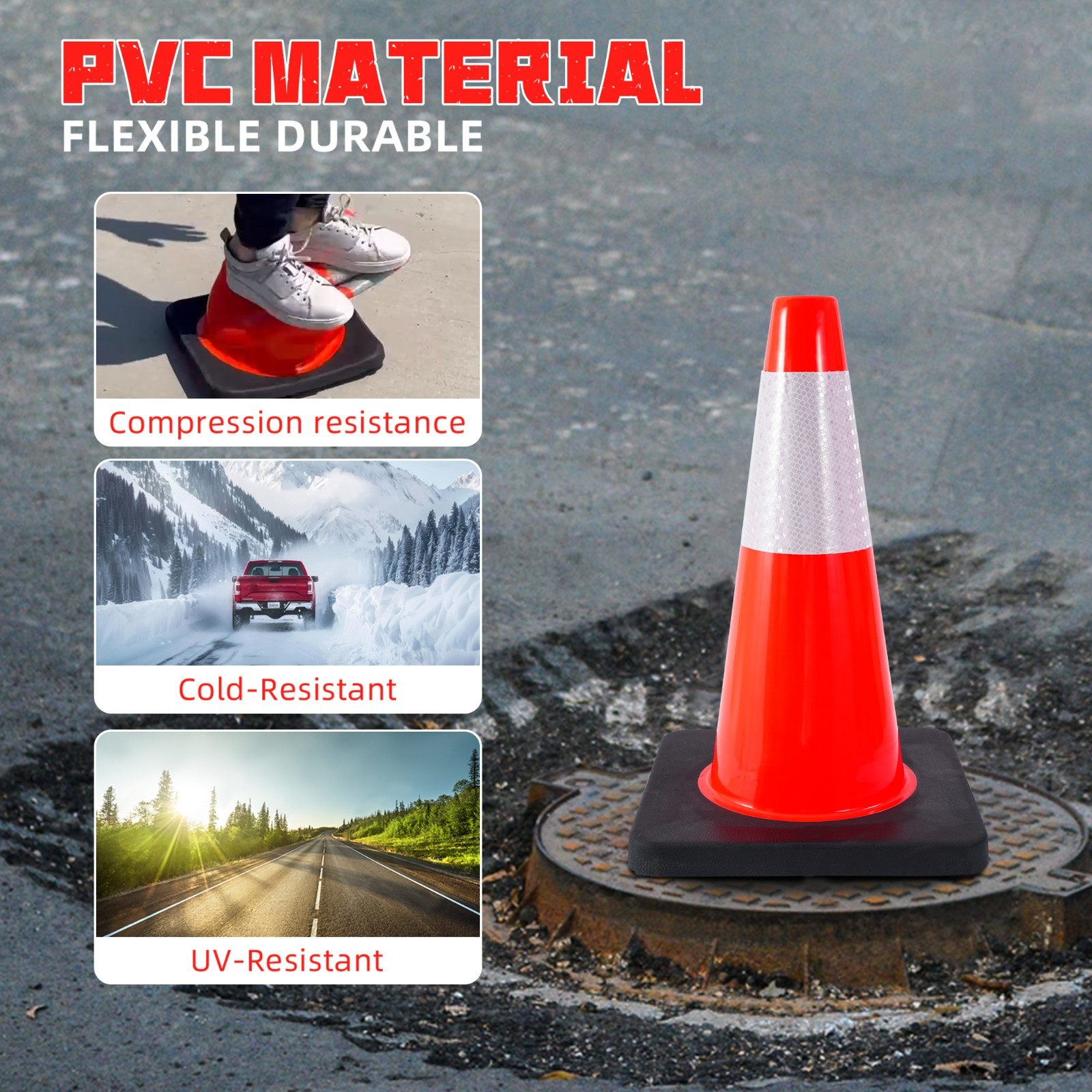 4 PACK-18» Heavy Duty Traffic Safety Cones,5lbs Weight,W Reflective Collar