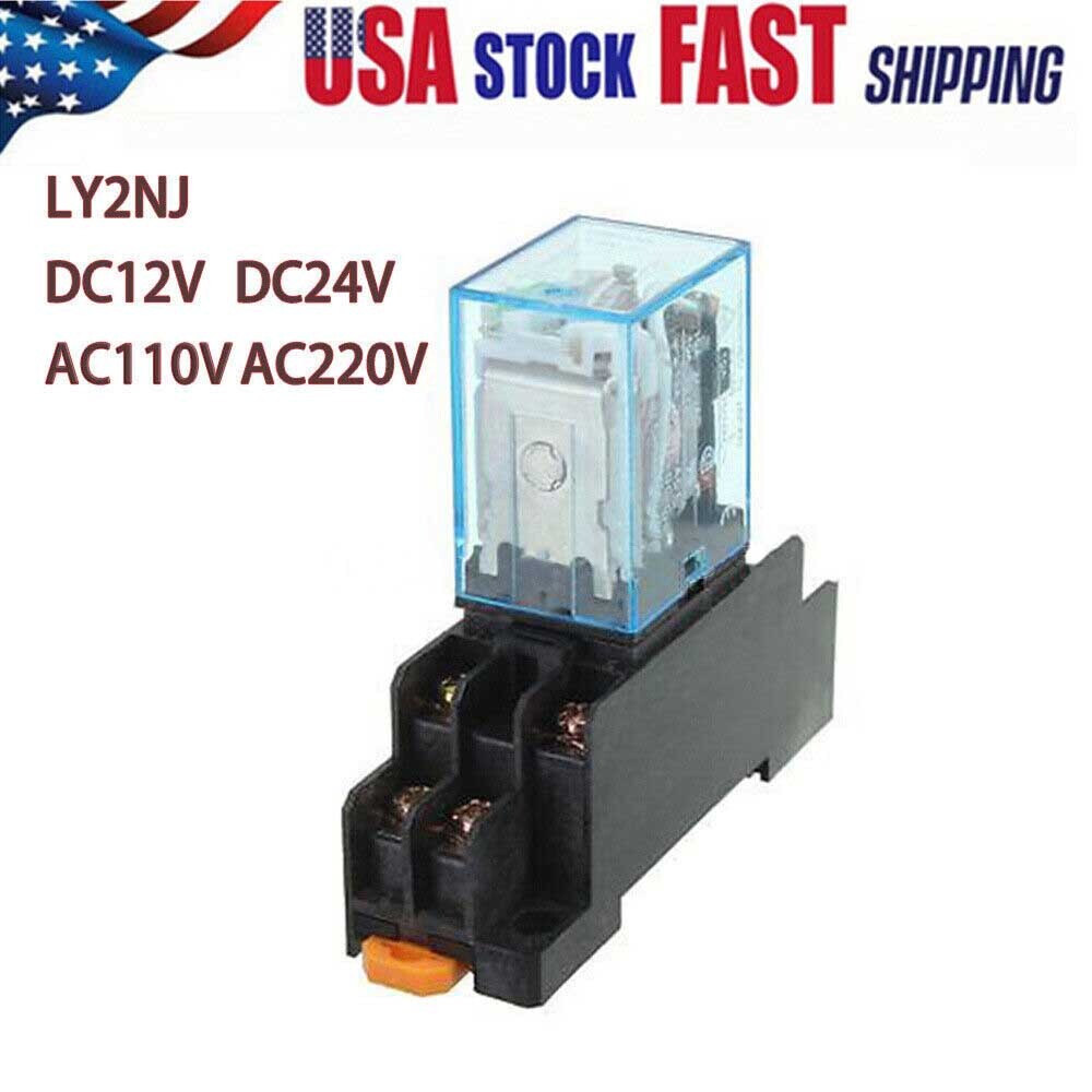 10pcs 12/24/110/220V AC/DC Coil Power Relay LY2NJ DPDT 8Pin HH62P JQX-13F w/Base