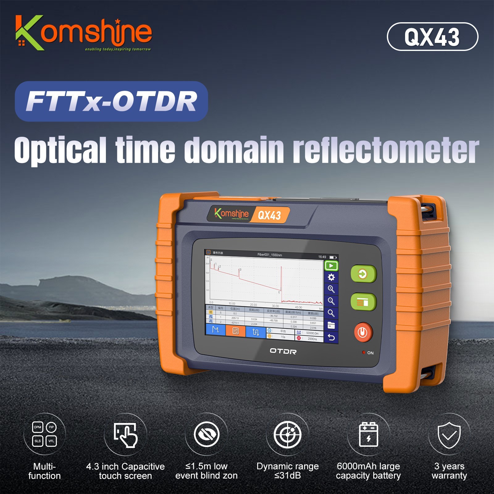 Komshine Fiber Optic OTDR 1310/1550nm 26/24dB Build in OPM/VFL/OLS/RJ45 Function