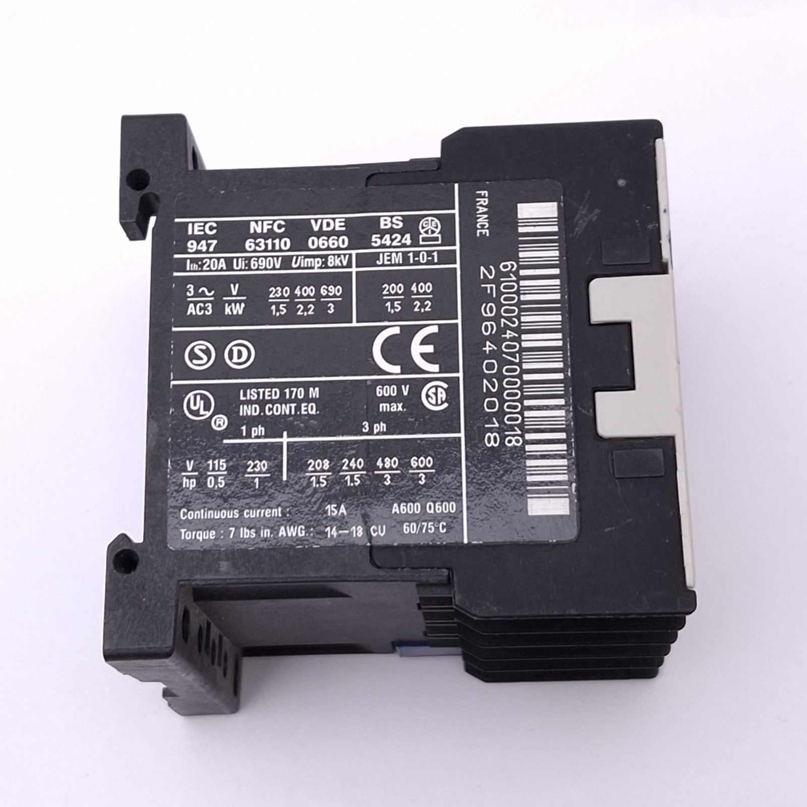 Telemecanique LC1K0610U7 Contactor, 3-Pole NO, 1NO Aux, 15A Max, 240VAC Coil
