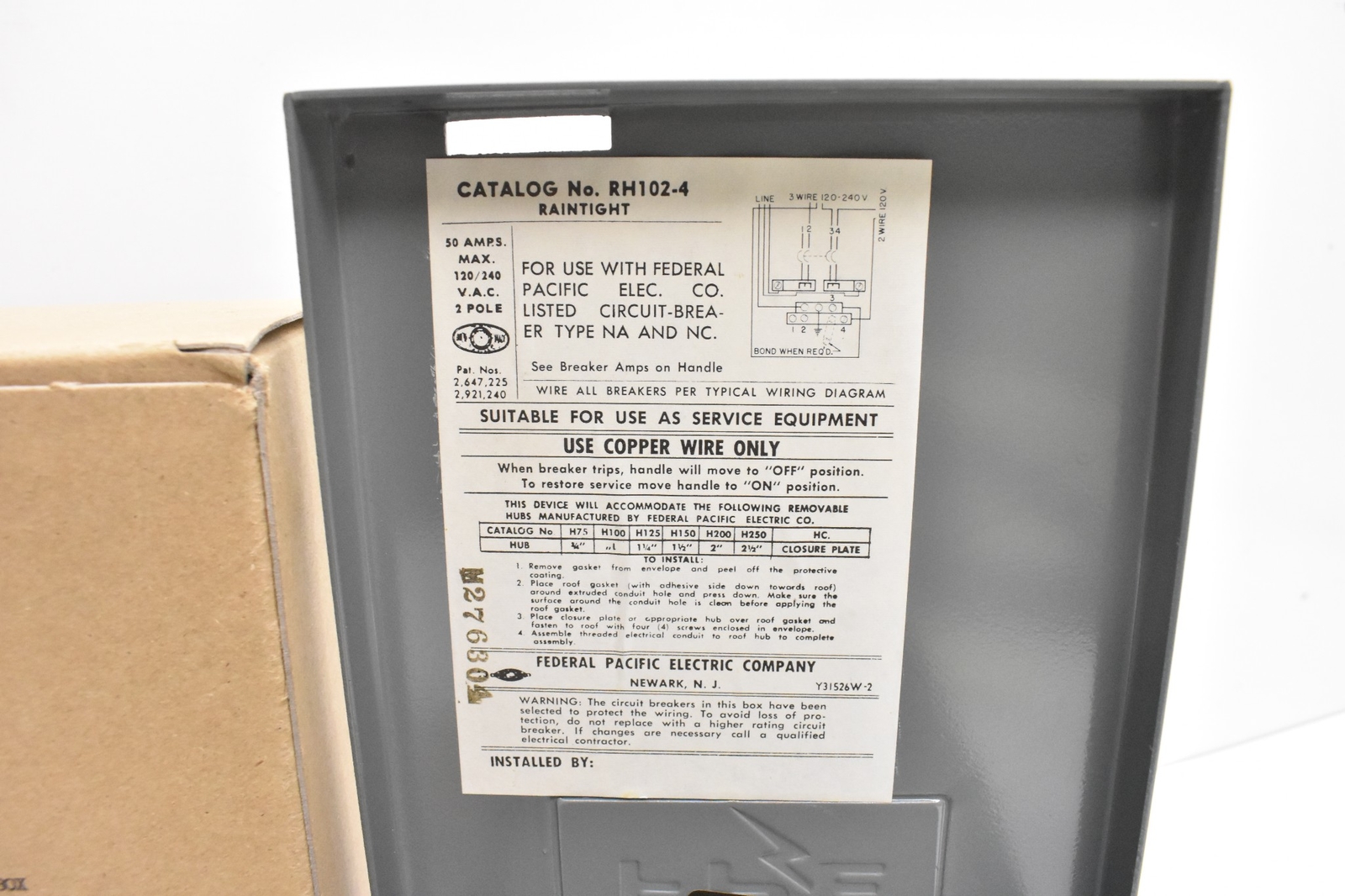 Federal Pacific Electric co. Circuit Breaker RH102-4 50A Max 120/140VAC 2 Pole