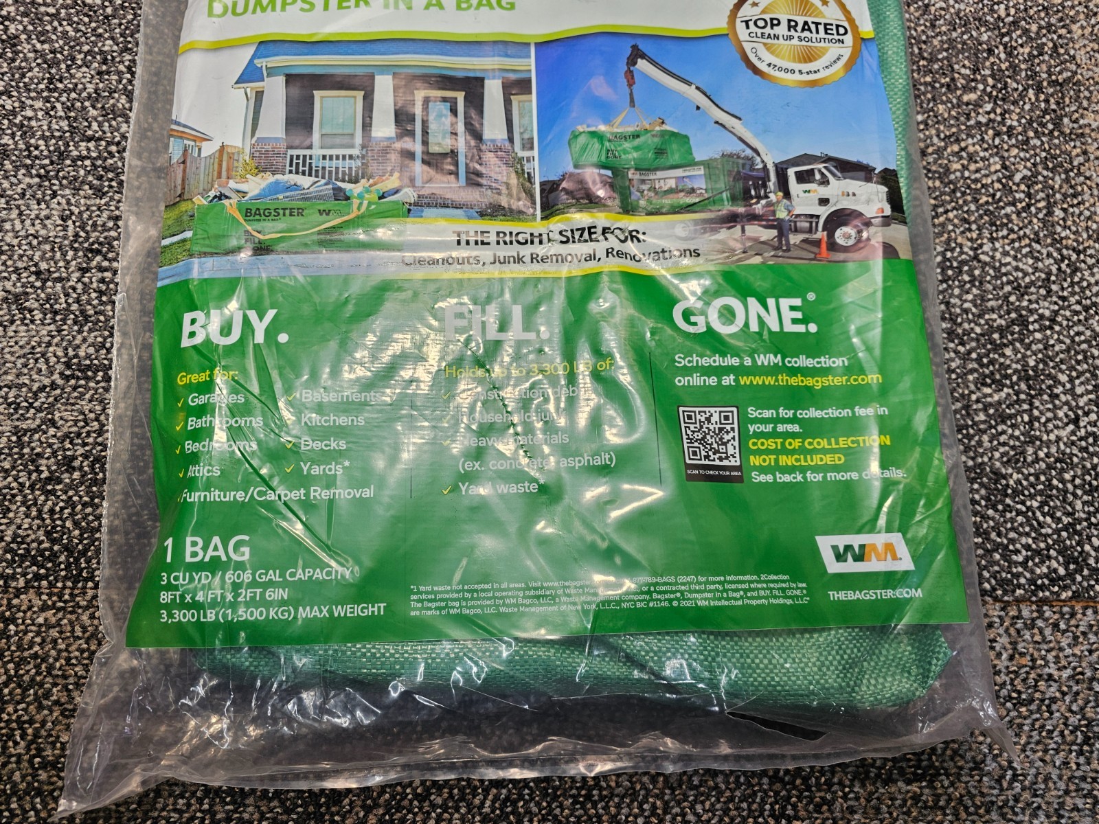 Bagster 3CUYD Trash Container Bag With a Capacity Of Up to 3,300 Pounds, Green