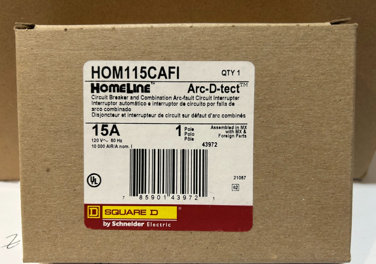 SQUARE D HOM115CAFI ARC-D-TECT CIRCUIT BREAKER AND COMBO ARC-FAULT INTERRUPTER