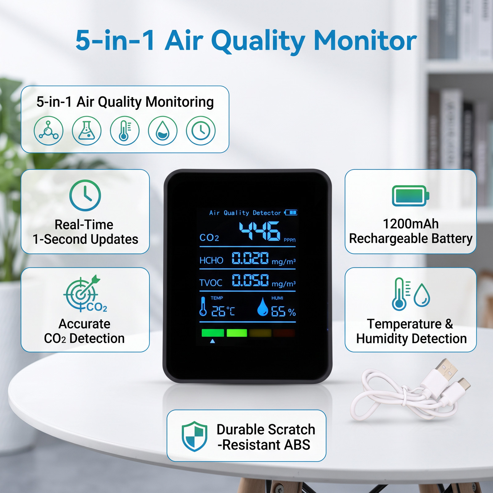 5 in 1 Air Quality Monitor Lightweight Household CO2 Detector Multi Color