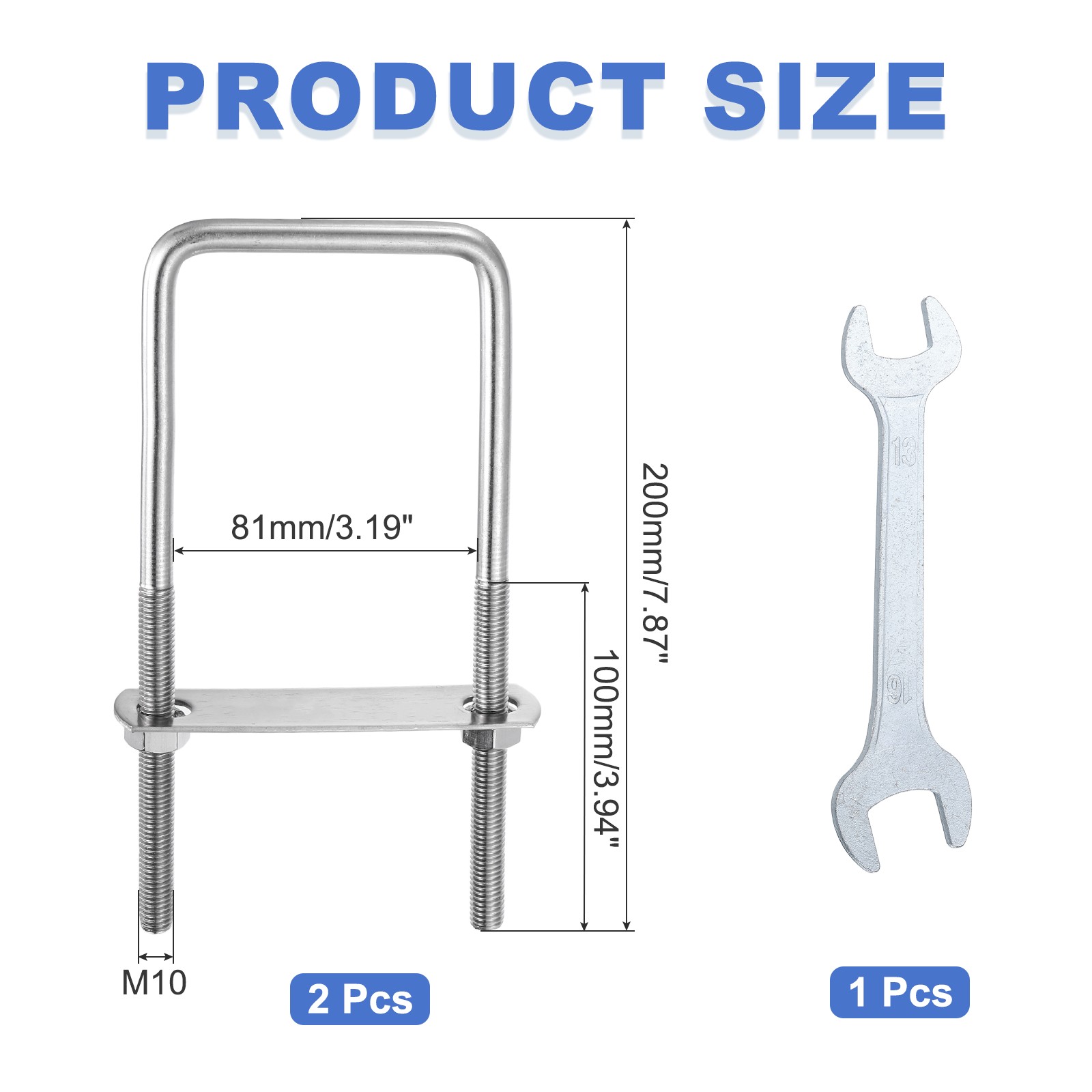 2Pcs M10 Square U-Bolts, 3.19In(81mm) Inner Width 7.87In(200mm) Long