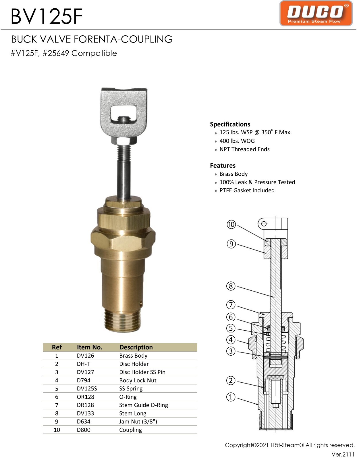 Buck Valve for FORENTA Press Machines, FORENTA Part#25649 w/Free Gasket