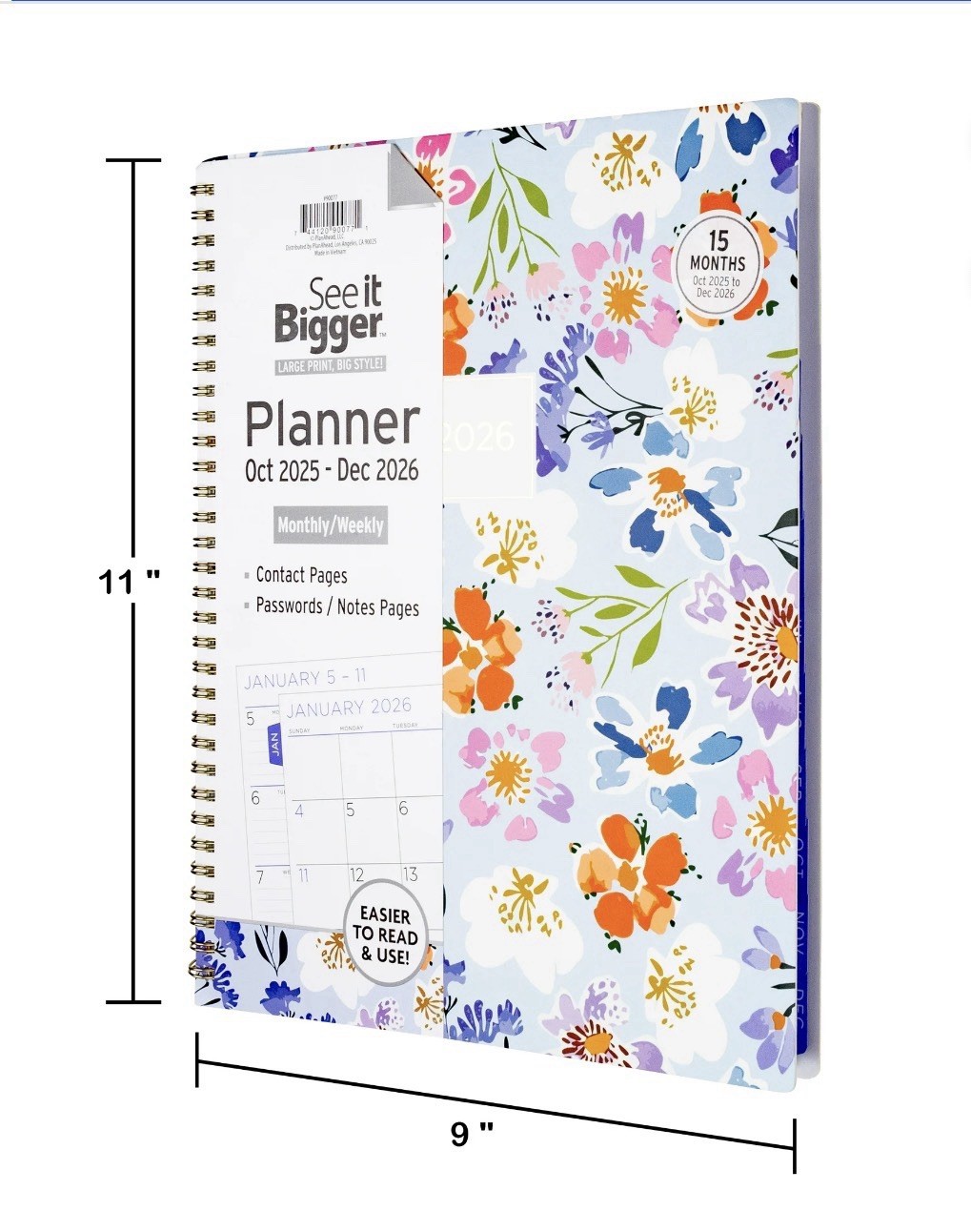SEE IT BIGGER 15-Month Planner Large Print Monthly/Weekly Oct 2025 – Dec 2026