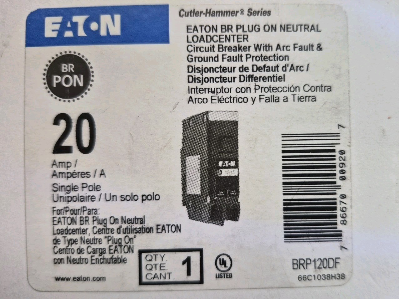 New In Box Eaton BRP120DF – 20 Amp Dual Purpose AFCI GFCI Circuit Breaker 120V