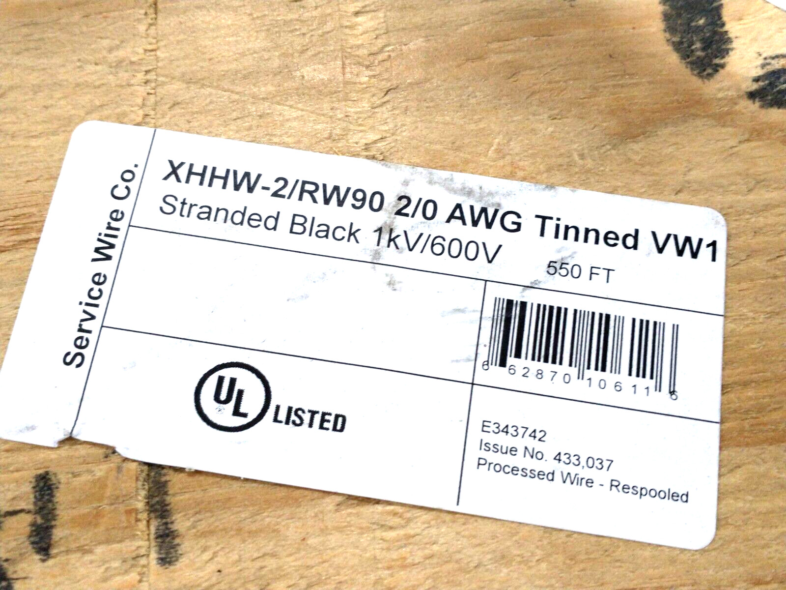 Service Wire Co. XHHW-2/RW90 2/0 AWG Tinned VW1 1kV/600V Stranded Cable 550 FEET