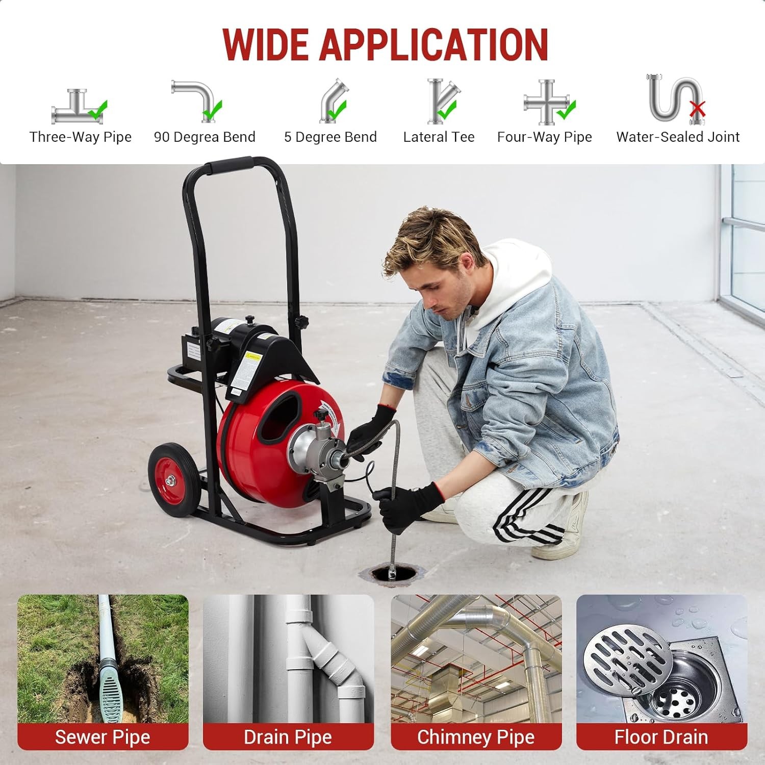 Drain Cleaner Machine Electric Drain Auger 75 FT x 1/2 In Auto Feed w/ 8 Cutters